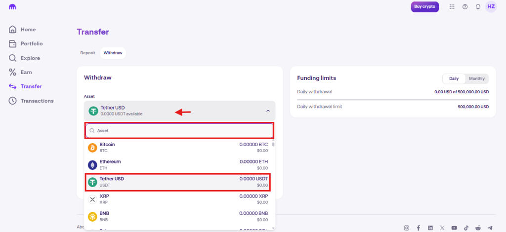 Kraken withdrawal Tutorial: Select the cryptocurrency