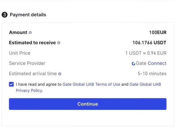 Gate.io Buying Crypto Tutorial: Confirm details and execute transaction