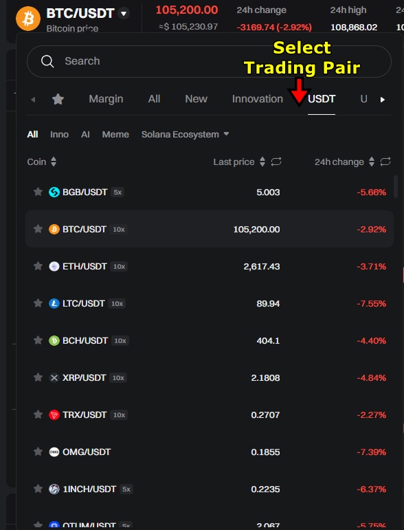 Bitget Spot Trading Tutorial: Choose a trading pair