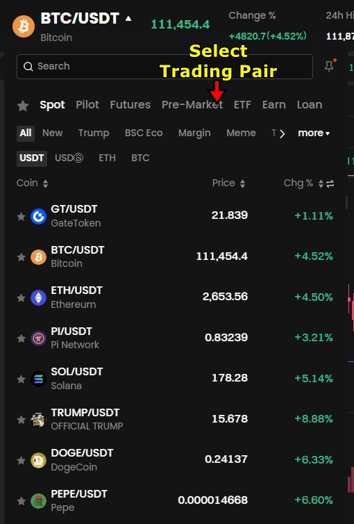 Gate.io Spot Trading Tutorial: select trading pairs