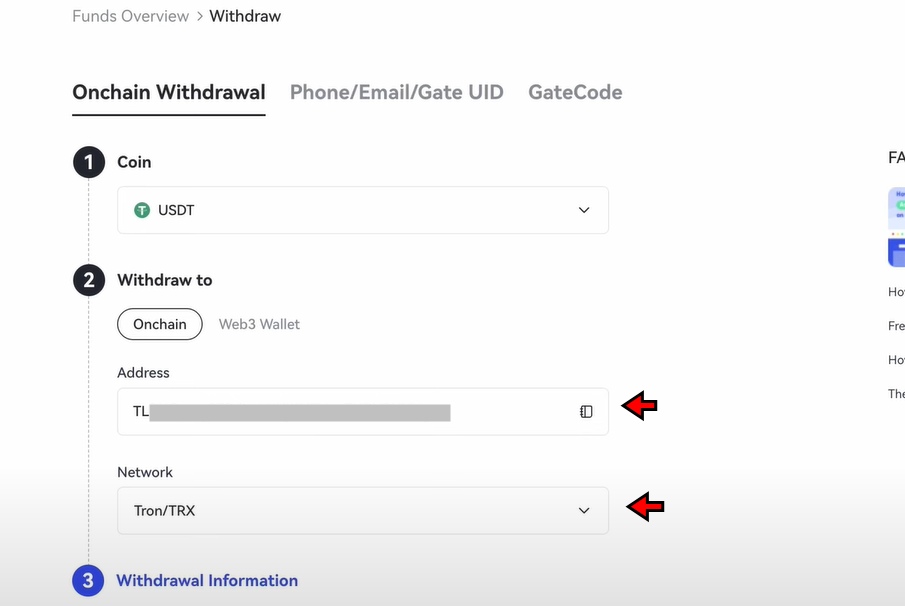 Gate.io Withdrawal Tutorial: Enter withdrawal details