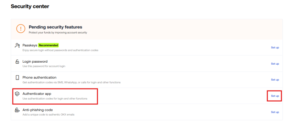 OKX 2FA Tutorial: security page