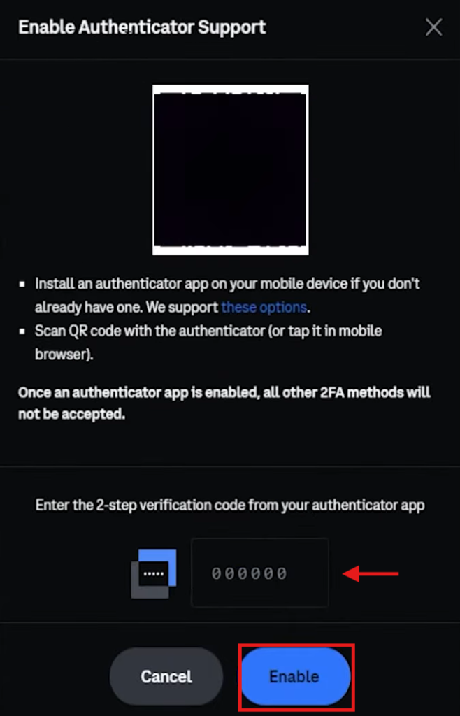 Coinbase 2FA Tutorial: 2FA window 