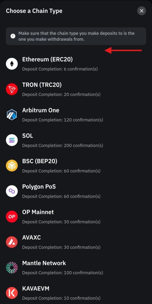 Bybit App Crypto deposit: Deposit chain type