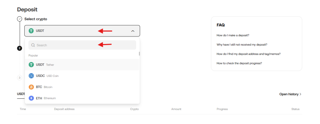 OKX deposit tutorial: Select cryptocurrency