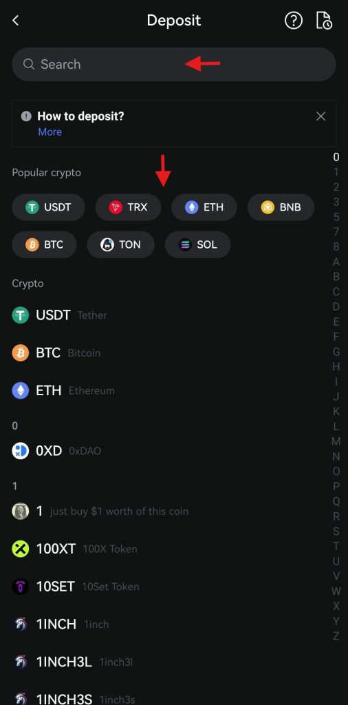 LBank App deposit tutorial: Select cryptocurrency