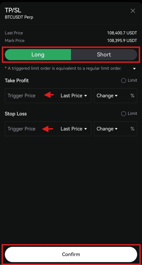 LBank App Futures trading tutorial: use advanced TP/SL settings