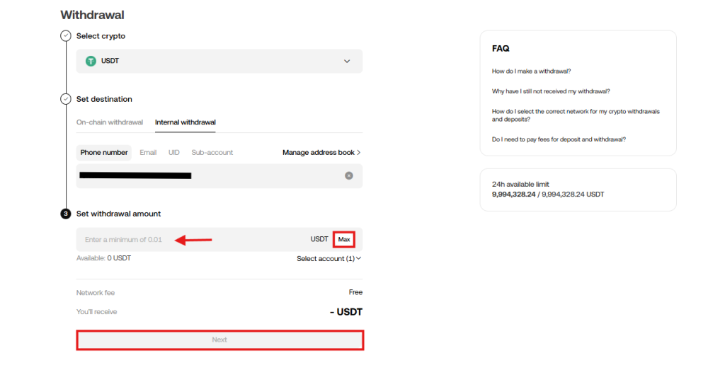 OKX internal withdrawal: Make the transfer