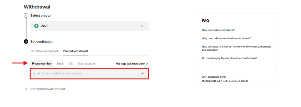 OKX internal withdrawal: Enter the recipient details