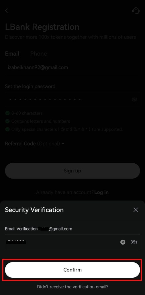 LBank app Tutorial: verification code