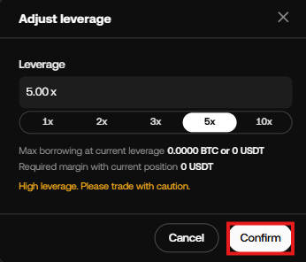 OKX margin trading Tutorial: Adjust the leverage window