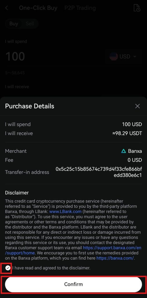 One-click buy order confirmation window on LBank App