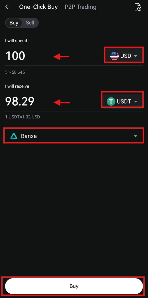 One-click buy order page on LBank Appp