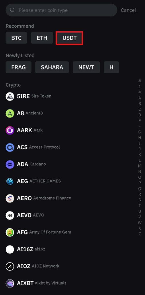 Bybit App One-click buy Tutorial: select cryptocurrency