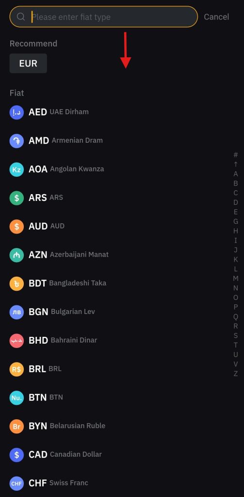 Bybit App One-click buy Tutorial: select fiat currency