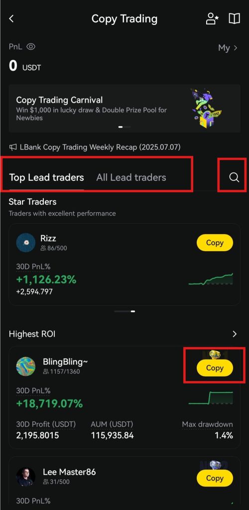 LBank App Copy trading Tutorial: Select the lead trader