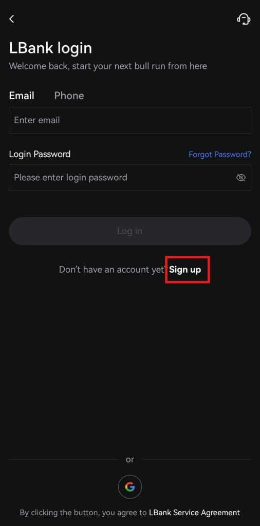 LBank app Tutorial: Select the Login Method