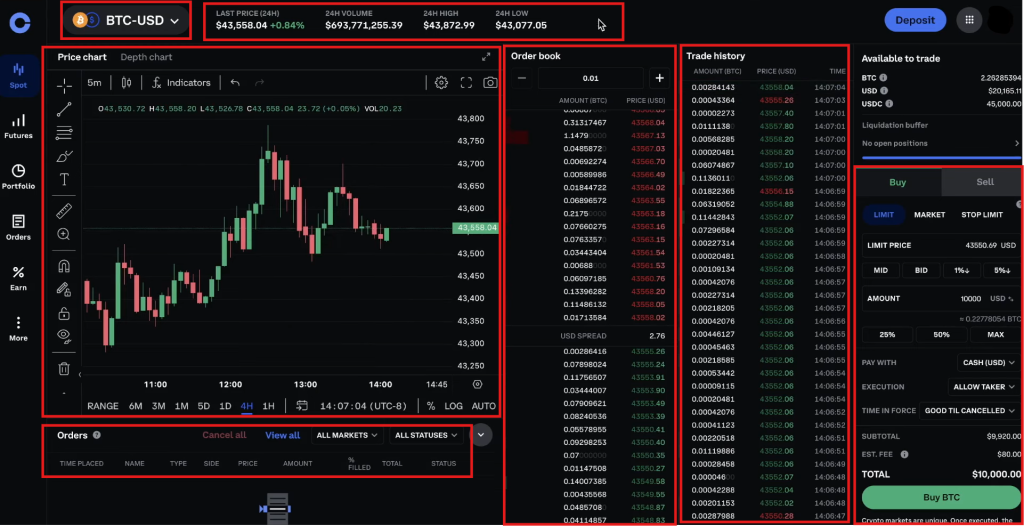 Coinbase spot trading tutorial:  interface
