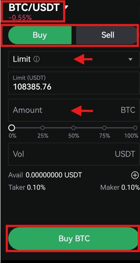 LBank App Spot trading tutorial: Place an order panel