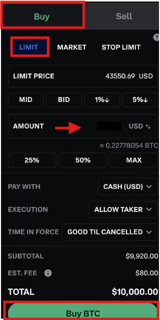 Coinbase spot trading tutorial: order panel