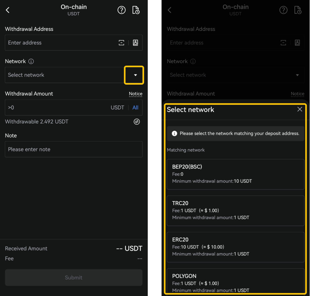 LBank App Withdrawal Tutorial: Select the blockchain
