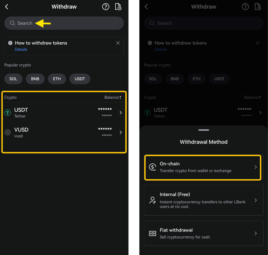 LBank App Withdrawal Tutorial: Select the currency and network