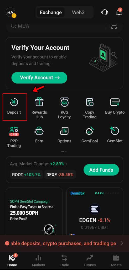 KuCoin App Crypto Deposit Tutorial: home screen