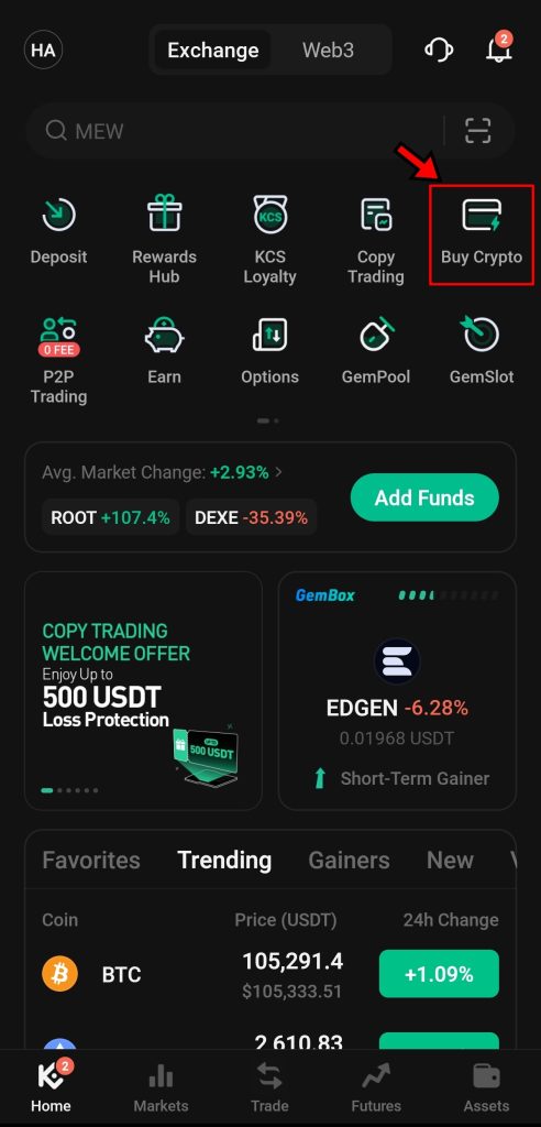 KuCoin App Crypto Buying Tutorial: home screen