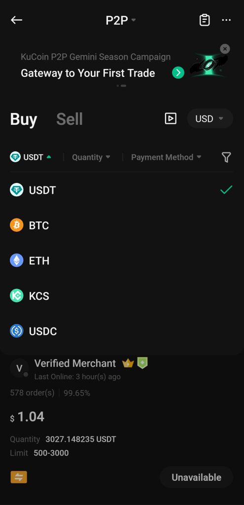 KuCoin App P2P Tutorial: Choose currencies