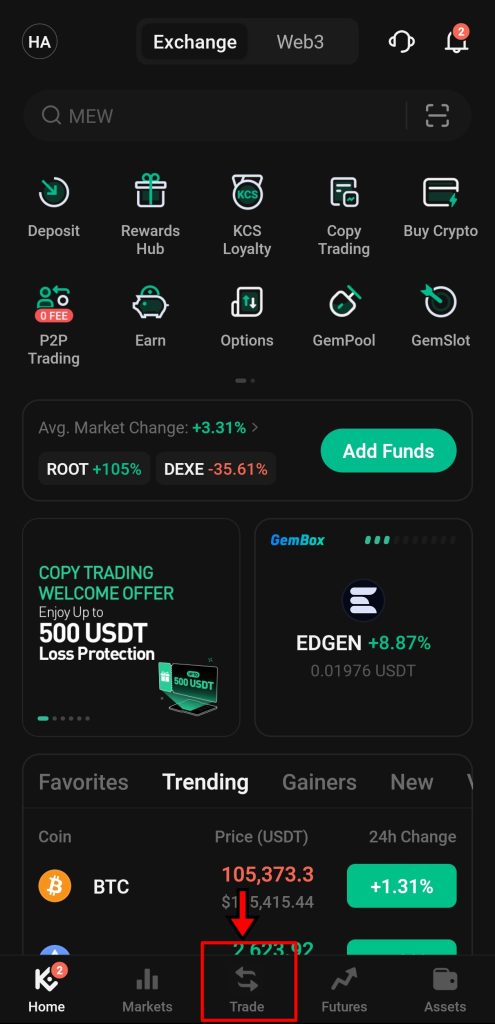 KuCoin App Spot Trading Tutorial: home screen