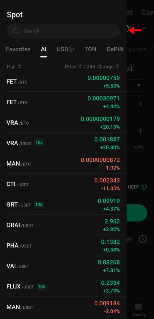Trading pairs KuCoin App Spot market