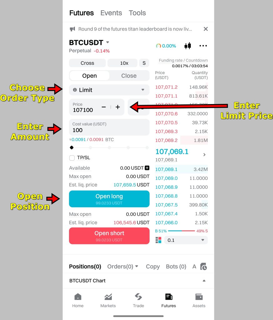 Bitget App Futures Trading Tutorial: Placing futures trade