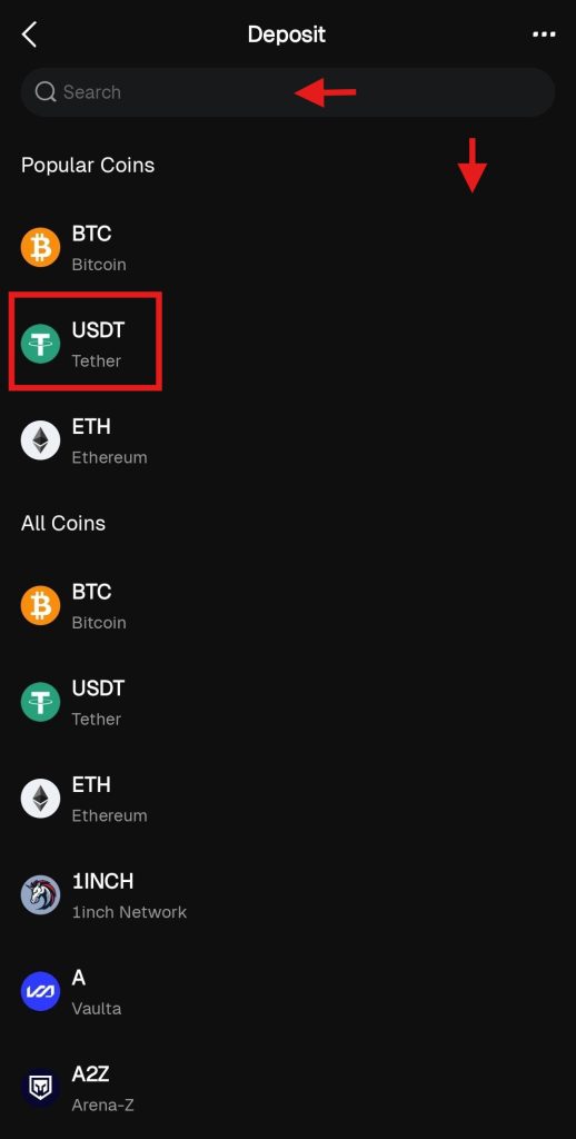 Bitunix App Crypto Deposit Tutorial: Select digital currency
