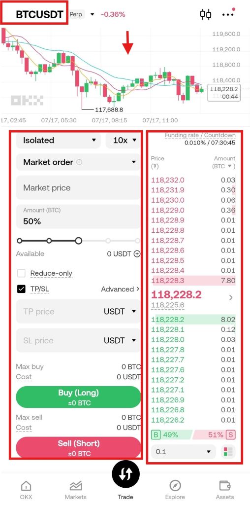 OKX App Futures trading Tutorial: interface