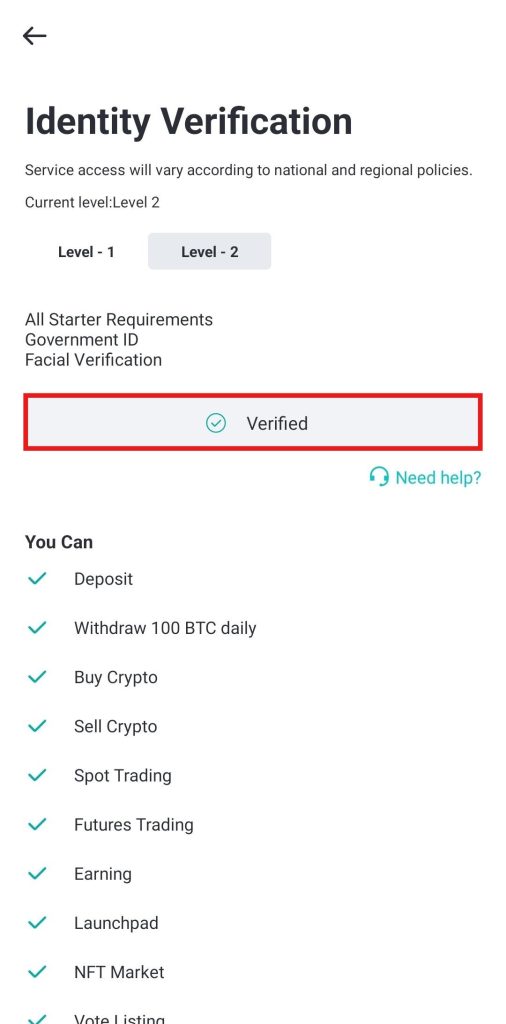 BitMart app KYC Tutorial: Level 2 KYC badge