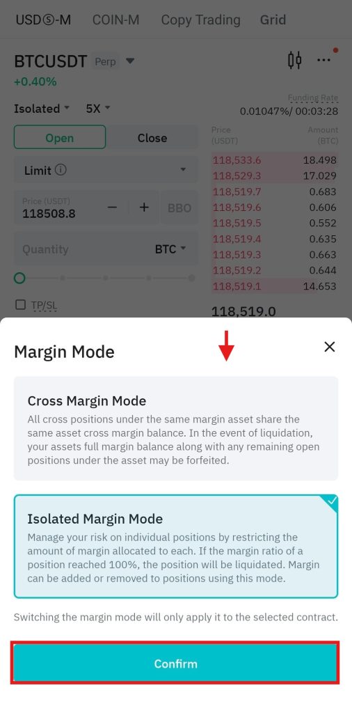 BitMart App Futures trading Tutorial: Margin mode selector