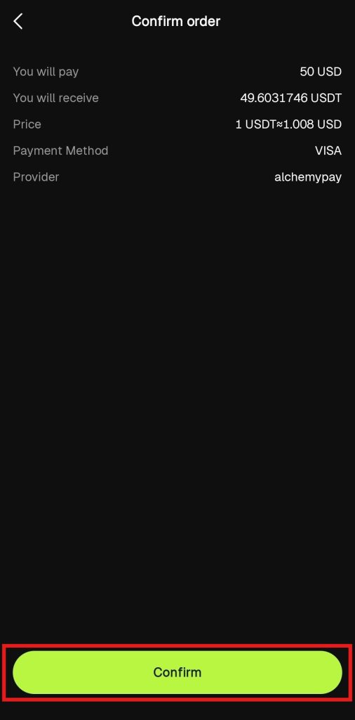 Bitunix Buy crypto with fiat App Tutorial: Order details