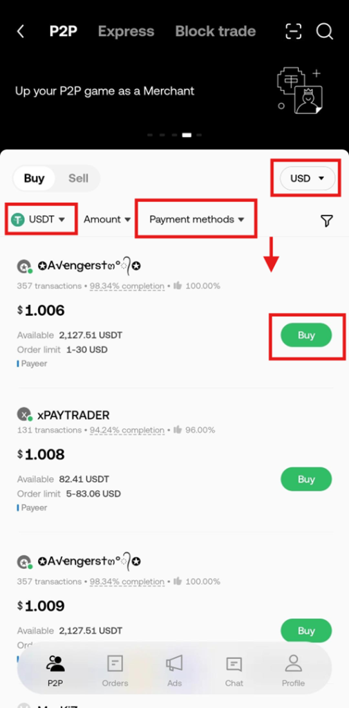 OKX App P2P Tutorial: P2P trading ad page