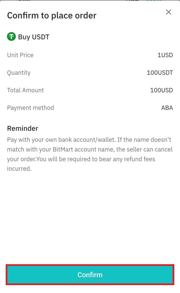 BitMart App Fiat Deposit Tutorial: P2P trading order confirm page