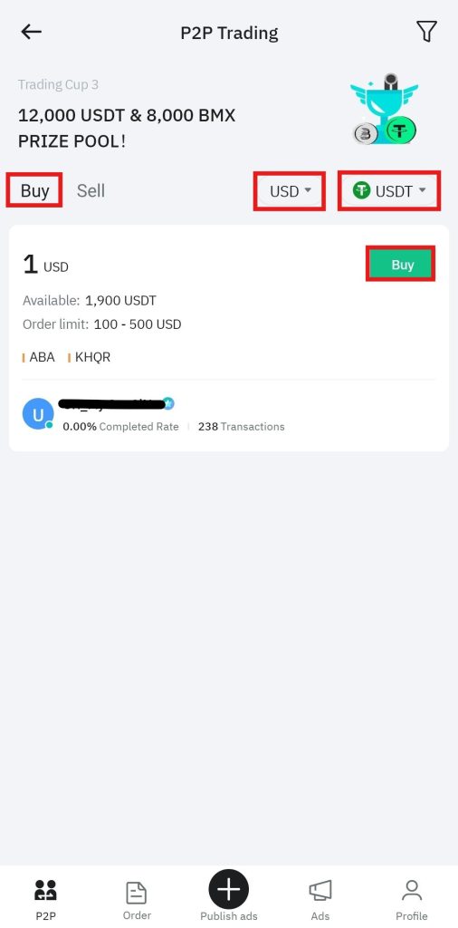 BitMart App Fiat Deposit Tutorial: P2P trading page