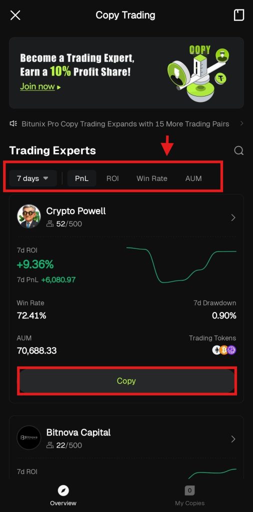 Bitunix Copy trading App Tutorial: Select the copy trader