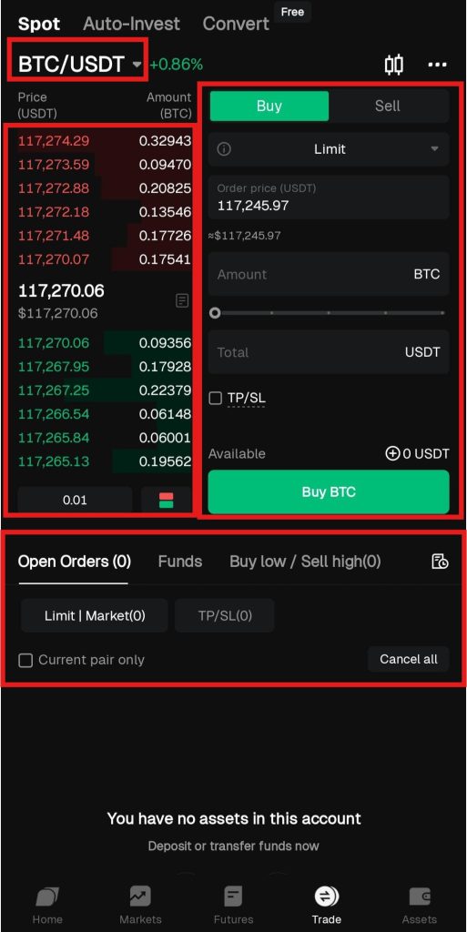 Bitunix App Spot trading Tutorial: Spot trading interface