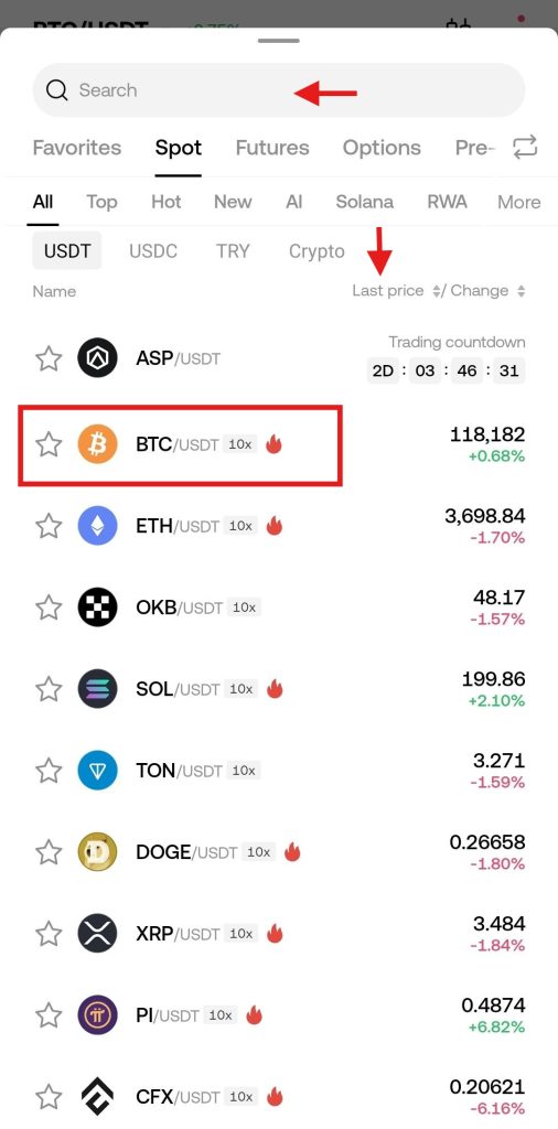 OKX App Spot trading Tutorial: Se;ect Spot trading pair