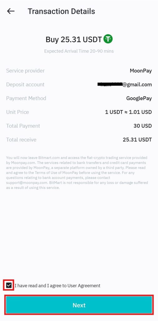 BitMart App Fiat Deposit Tutorial: Third-party payment user agreement