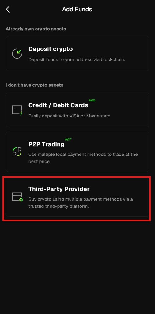 Bitunix Buy crypto with fiat App Tutorial: Select Third-party provider