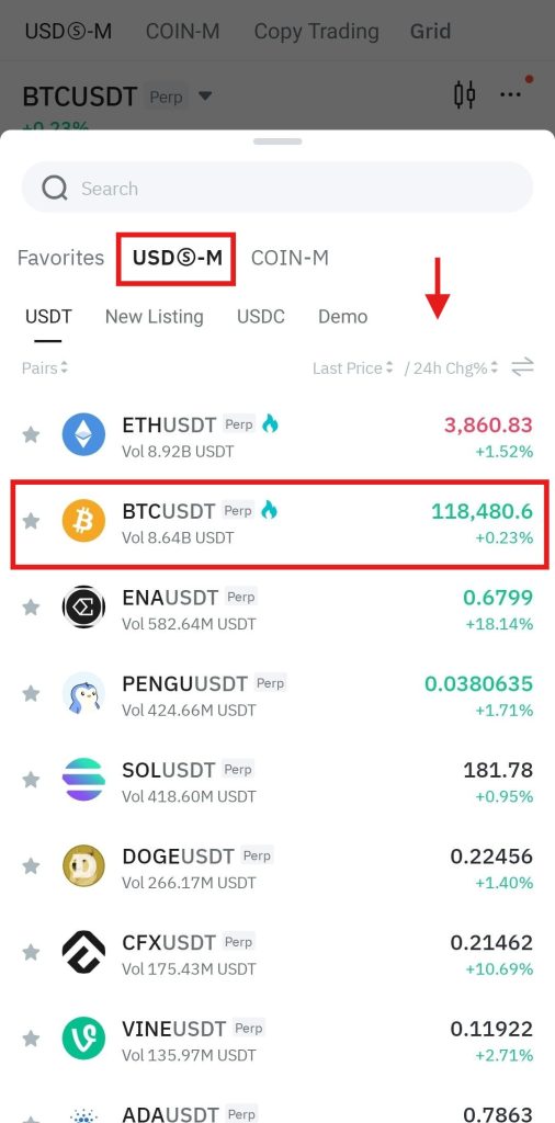 BitMart App Futures trading Tutorial: Trading pair selector