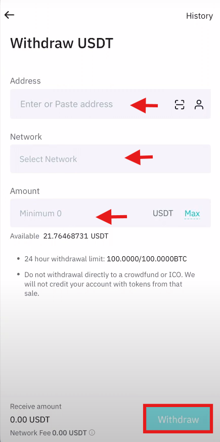 BitMart App Withdrawal Tutorial: Withdrawal form