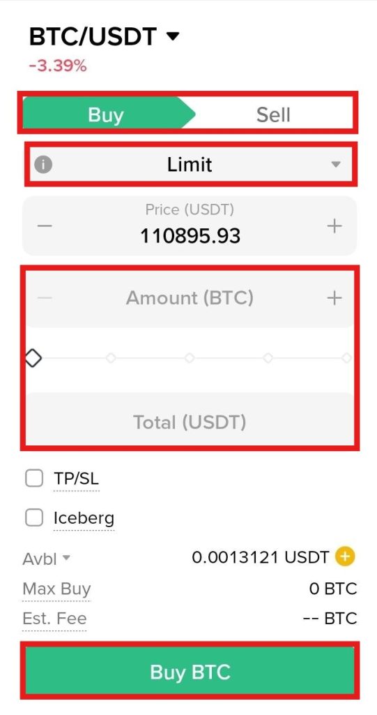 Binance App Spot market Tutorial: Spot trading order panel