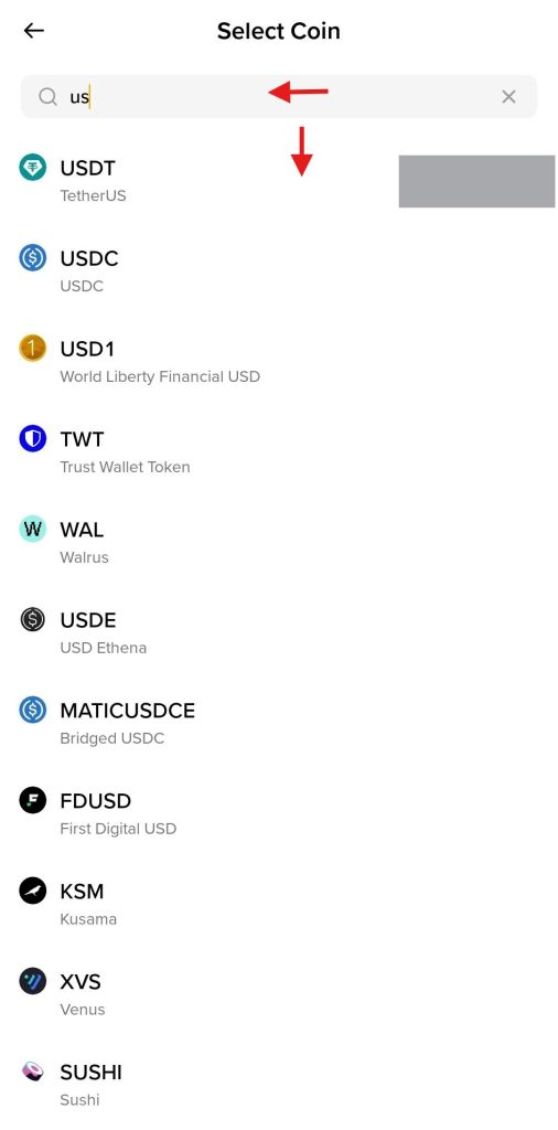 Binance App Crypto Withdrawal: Select the Cryptocurrency